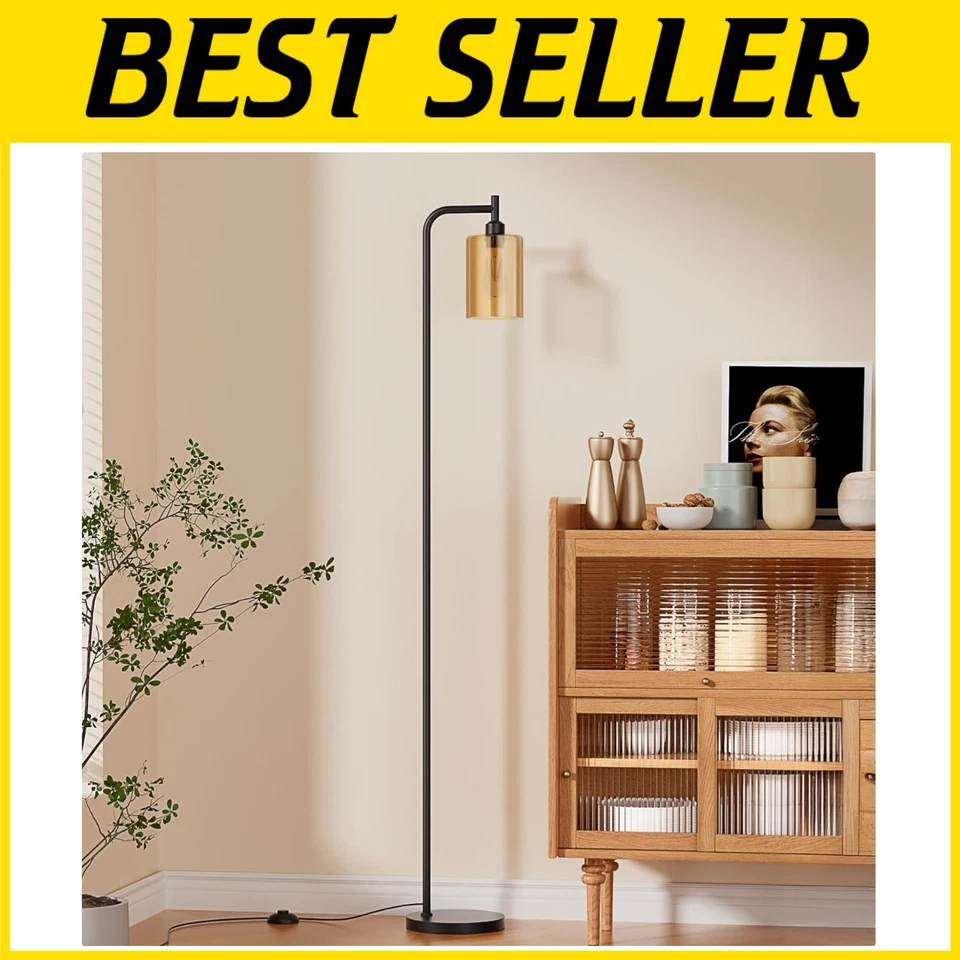 Modern Black Floor Lamp with Amber Glass Shade - Image 1 of 4