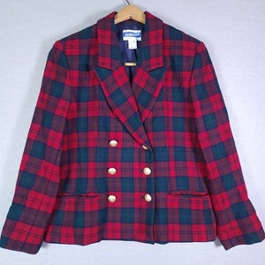 Pendleton Blazer Womens 10 Petite Red Green Wool Plaid Double Breasted Made USA - Picture 1 of 8