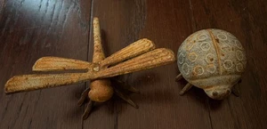 Set of 2 Bugs Cast Iron Figurines Garden Insects Ladybug And Dragonfly - Picture 1 of 5