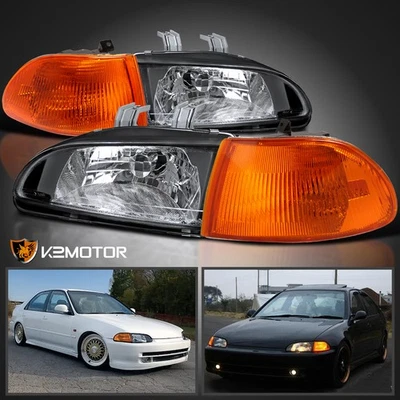 Fits 1992-1995 Honda Civic EG EH EJ 4Dr Sedan Black Headlights+Corner Lamps Pair - Imagem 1 de 4