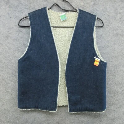 Antigo Colete Wranger Masculino Médio Azul Sherpa Forrado Denim Escuro Feito nos EUA Anos 70 Anos 80 - Imagem 1 de 4