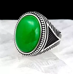 Mens Sterling Silver Natural Real Green Jade Stone Ring for Men All Size - Picture 1 of 4