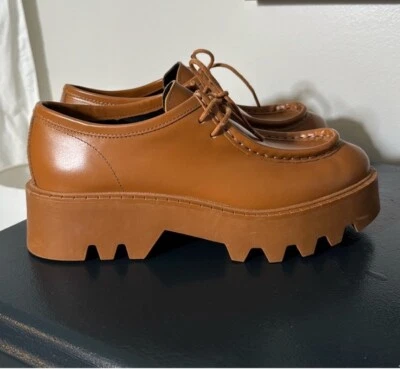Mocasines de plataforma de cuero Zara planos gruesos con cordones marrón cuero genuino talla 39, Foto 1 de 4