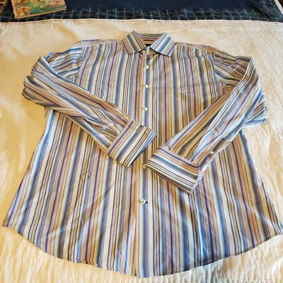 Banana Republic French Cuff Dress Shirt Size L 16-16 1/2 Pin Stripe Blue Purple - Image 1 of 4