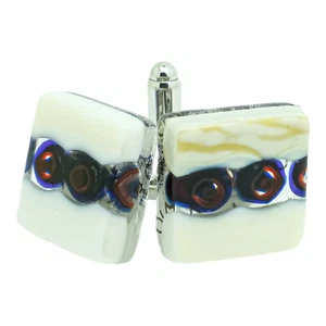 Murano Glass Cufflinks White Blue Red Millefiori Pair Square - Picture 1 of 6