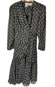 VTG Liz Roberts Wrap Dress Women’s Sz 10 Cocktail Elegant Black Geometric Print - Picture 1 of 8