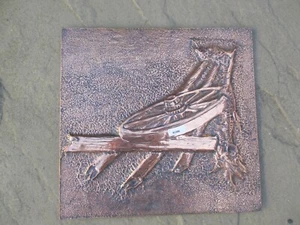 Vintage Pressed Copper Plaque Panel Countryside Tree Fence Wagon Cart Farm Old - Picture 1 of 8