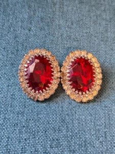 Vintage Faux Ruby/Rhinestone Stud Clip On Earrings - Picture 1 of 4