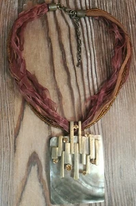 Statement Abalone Necklace Multi-strand Brown Amber Shell Pendant Square 16-19"  - Picture 1 of 5