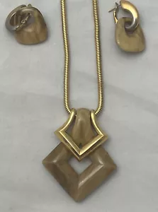 Crown Trifari Necklace Earrings Modernist MCM Butterscotch Lucite Gold Chain Vtg - Picture 1 of 11