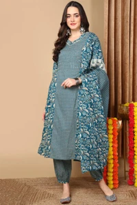 Indian Bollywood New Women Girl Blue Pure Cotton Floral Printed Flared Suit Set - Picture 1 of 6