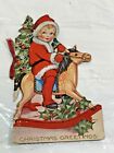 Vtg 40's Die-Cut Girl On Rocking Horse Holly Santa Suit Tree Xmas Greeting Card
