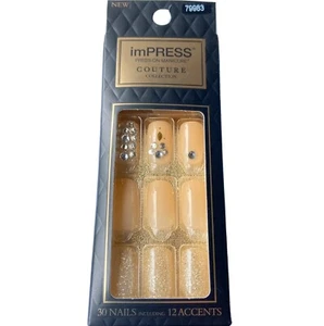 NEW Kiss Nails Impress Press On Manicure Medium Gel Nude Silver Gems Couture - Picture 1 of 2