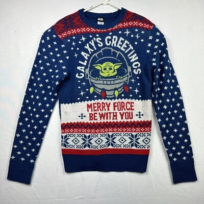 Official Star Wars Womens Xmas Ugly Sweater Blue Size Medium Yoda Merry Force - Image 1 of 4