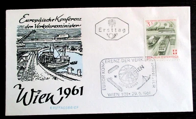 AUSTRIA 1961 FDC cover Traffic Transport Conference Railroad, Ships, Trucks - Image 1 of 2