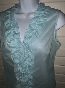 NWT August Silk Sz 4 Blouse Aqua Blue 100% Cotton Ruffle Front Sleeveless - Picture 1 of 10