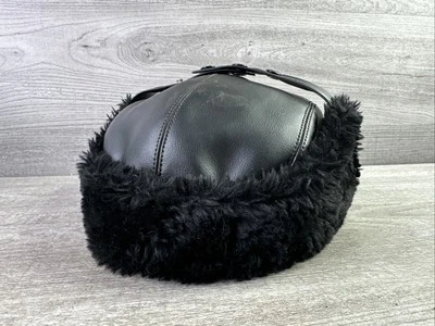 Vintage 1950s Trooper Faux Fur Hat Black Trapper Style Hat Size 7 1/4 - Image 1 of 4