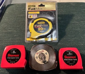 LOT 4 METRIC TAPE MEASURES 2 STARRETT 8M (USA) 1 STANLEY 20M WINDUP + EVANS 15M - Picture 1 of 12