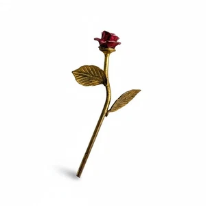 ​Vintage Long Stem Red Rose Bud Lapel Pin Brooch Gold Tone  Flower Jewellery - Bild 1 von 6