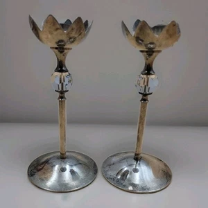 Vintage Kerzenständer Silber Teller Lotusblume mit Facette-Kristall im Stiel - Bild 1 von 10