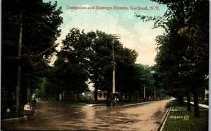 Tompkins and Owego Street Cortland NY c.1910 Vintage Postkarte OO1 - Bild 1 von 2