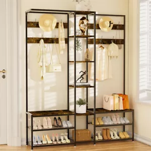 Garderobenschrank Holzwerkstoff Flurschrank Hochschrank mit 10 Hacken Schuhbank - Bild 1 von 16