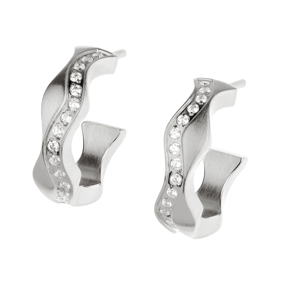Ernstes Design Ohrstecker Halbcreolen Edelstahl matt / poliert mit Zirkonia E583 - Bild 1 von 1