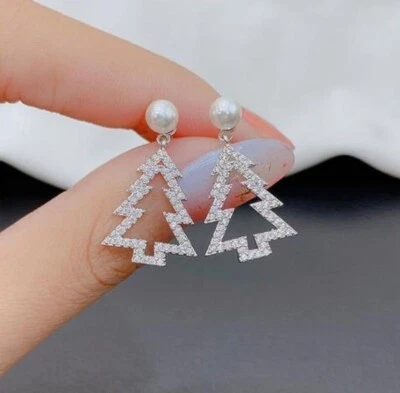 Christmas Tree Dangle Pearl Stud Earrings 925 Sterling Silver Women Girls Gift - Image 1 of 4