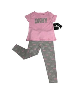 DKNY Girls Logo Print Shrt Sleeves tee & Logo Printed Legging set Pink/Gray 12M - Picture 1 of 12