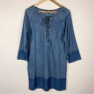 Vintage Ralph Lauren Denim Long Sleeve Shirt Dress Lace Up Women's Small Western - Image 1 of 4