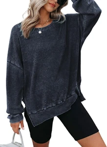 Dokotoo Womens Oversized Waffle Knit Crewneck Sweatshirts Long Sleeve Side Slits - Picture 1 of 12