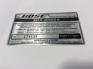BOSE 301 SERIES II Label Part 1 -Left Speaker Original Genuine - Picture 1 of 3