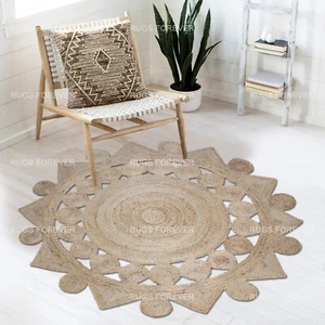 Handmade Beige, Blue Jute Round Area Rug Living Room Scalloped Kilim Mats 4x4ft - Picture 1 of 62