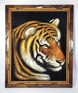 Ortiz Tiger Vintage Black Velvet Painting 23” x 19” Wood Framed & Signed - Bild 1 von 4