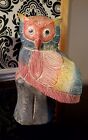 Vintage Large Wood Owl Bird Figurine Colorful Owl Statue Carving