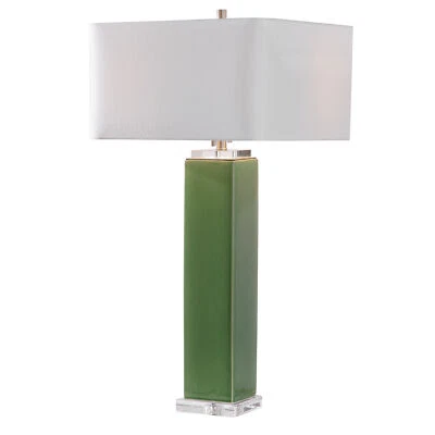Lush Green Square Cylinder Column Table Lamp | Ceramic Organic Tropical White - Image 1 of 4