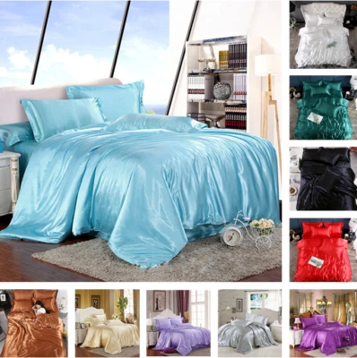 Bed Duvet Cover Sets with Pillow Cases Silk Satin Bedding Set Twin Queen King - Image 1 of 4