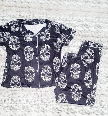 NUEVO Conjunto de camisa y pantalón pijama informal con estampado de calavera de leopardo para mujer XL Foto 1 de 2