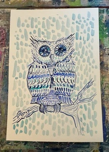 Blaue Eule Modern Folk Outsider Original Gemälde Kunst Aquarell - Bild 1 von 2