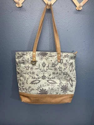 Myra Tote Bag Cotton Leather Floral Carry 2 Handle Purse Green Blue Brown - Image 1 of 4