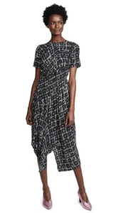 Preen Line XS Black Floral Keziah Midi Dress Asymmetrical Shirred Scarf Hem - Picture 1 of 14