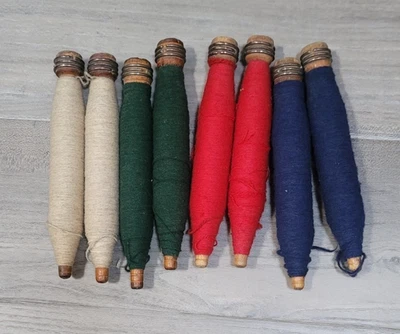 8 Antique Wooden Textile Spools Thread Shuttle Yarn Weaving Spindle Bobbins  - Image 1 of 4