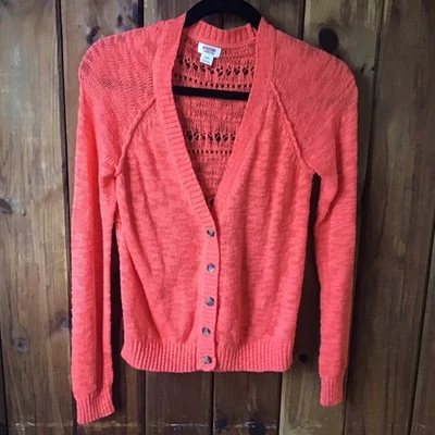 Cárdigan Suéter Mossimo Talla S Naranja Coral Cuello en V Mezcla de Algodón Tejido Abierto Foto 1 de 4