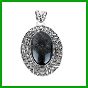 Sterling Silber Oval Natur Silber Glanz Obsidian Vintage Einfassung Anhänger Schmuck - Bild 1 von 7