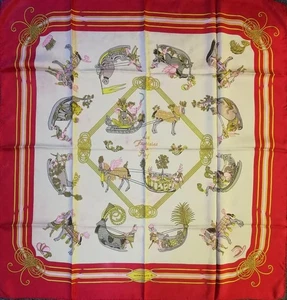 Sciarpa di seta Hermes Carré 90 Les fantaisies du Roy rossa senza scatola usata. - Foto 1 di 14