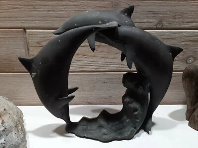 Estatua de 3 delfines de latón saltando SF Bay Trading en sujetalibros retro onda bronce  Foto 1 de 4