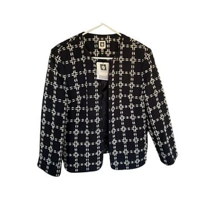 Chaqueta Blazer Anne Klein Tweed Talla 14 Negra Blanca Frente Abierto Carrera NUEVA - Imagen 1 de 3