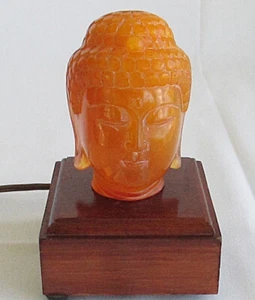 Carved Amber Buddha Head on Lighted Stand - Picture 1 of 13