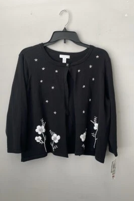 Cárdigan Suéter Charter Club Flocado Bordado Floral Negro Para Mujer Talla 1X Foto 1 de 4