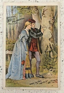 White Sewing Machine Victorian Trade Card Lovely Couple In Woods Carving Tree - Picture 1 of 2